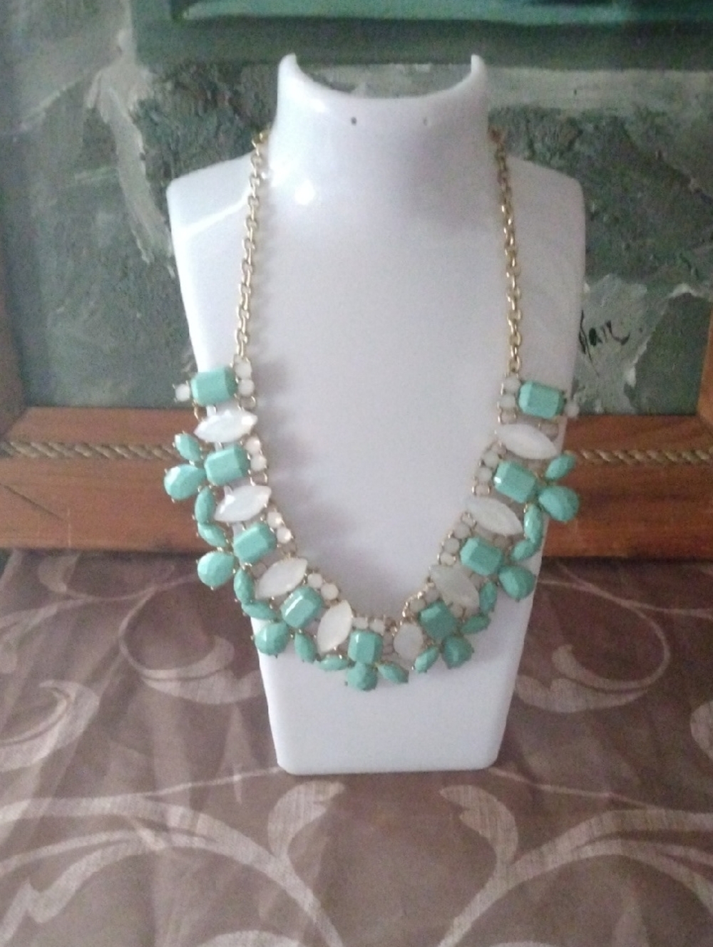 Charming Charlie Gold-Tone Necklace with Mint Green and White Stones